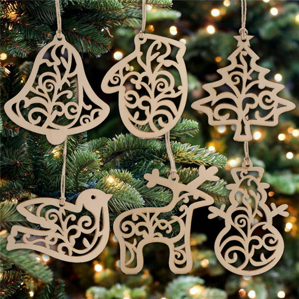 6Pc Christmas Tree Decor For Home Wooden Hollow Ornament Hanging Pendant Decor